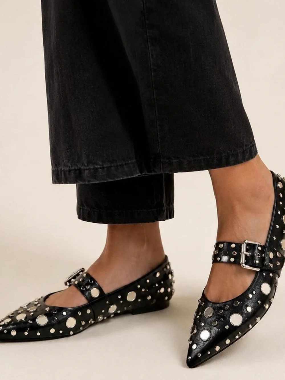 Zara Black Studded Pointed Mary Jane Flats with Buckle